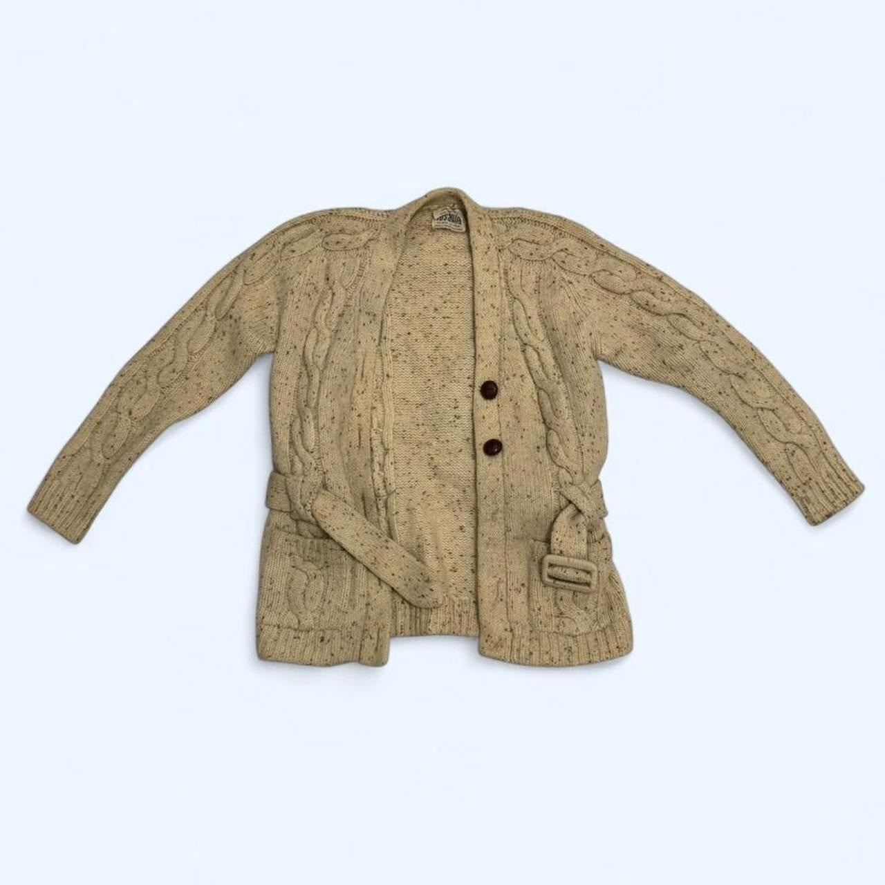 Vintage Rosanna Wool Cable Knit Belted Cardigan Sweater Beige Xs S